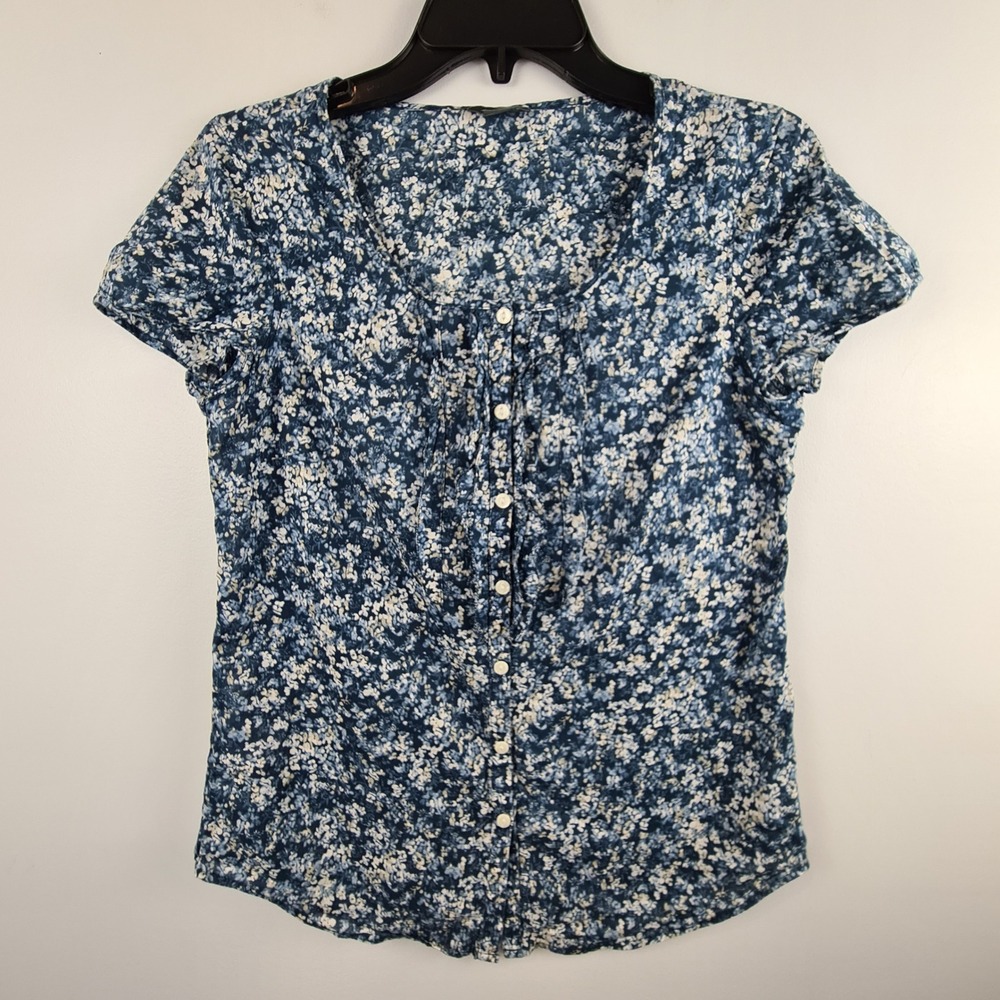 Eddie Bauer Blue Floral Ditsy Print Cotton Button Front Blouse Womens XS Light